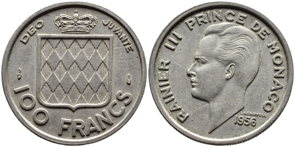 Монако 100 франков 1956 Ренье III (1949-2005) KM 134 медно-никель 4364-1543
