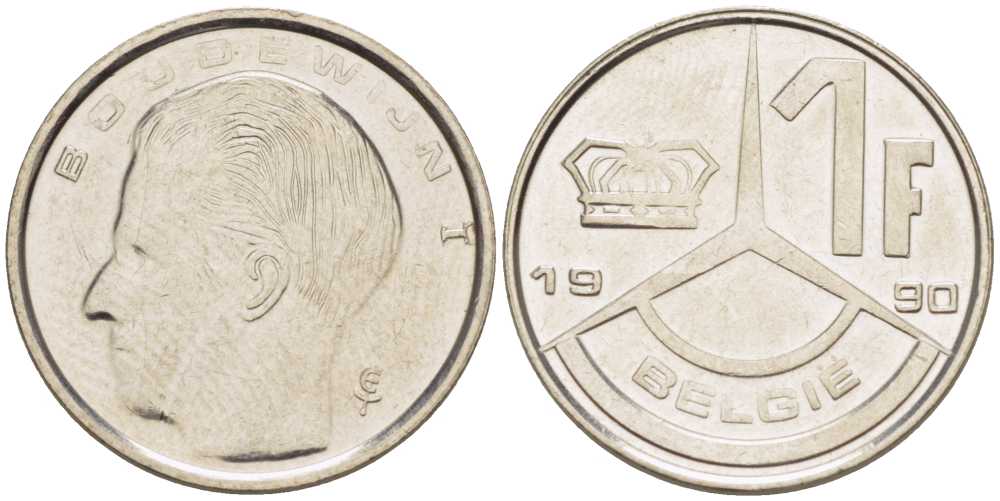 Бельгия 1 франк 1990 Belgie, Бодуэн I (1951-1993) KM 171 нержавеющая сталь 206-226