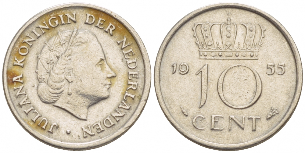 Нидерланды 10 центов 1955 Юлиана (1949-1980) KM 182 никель 4547-826