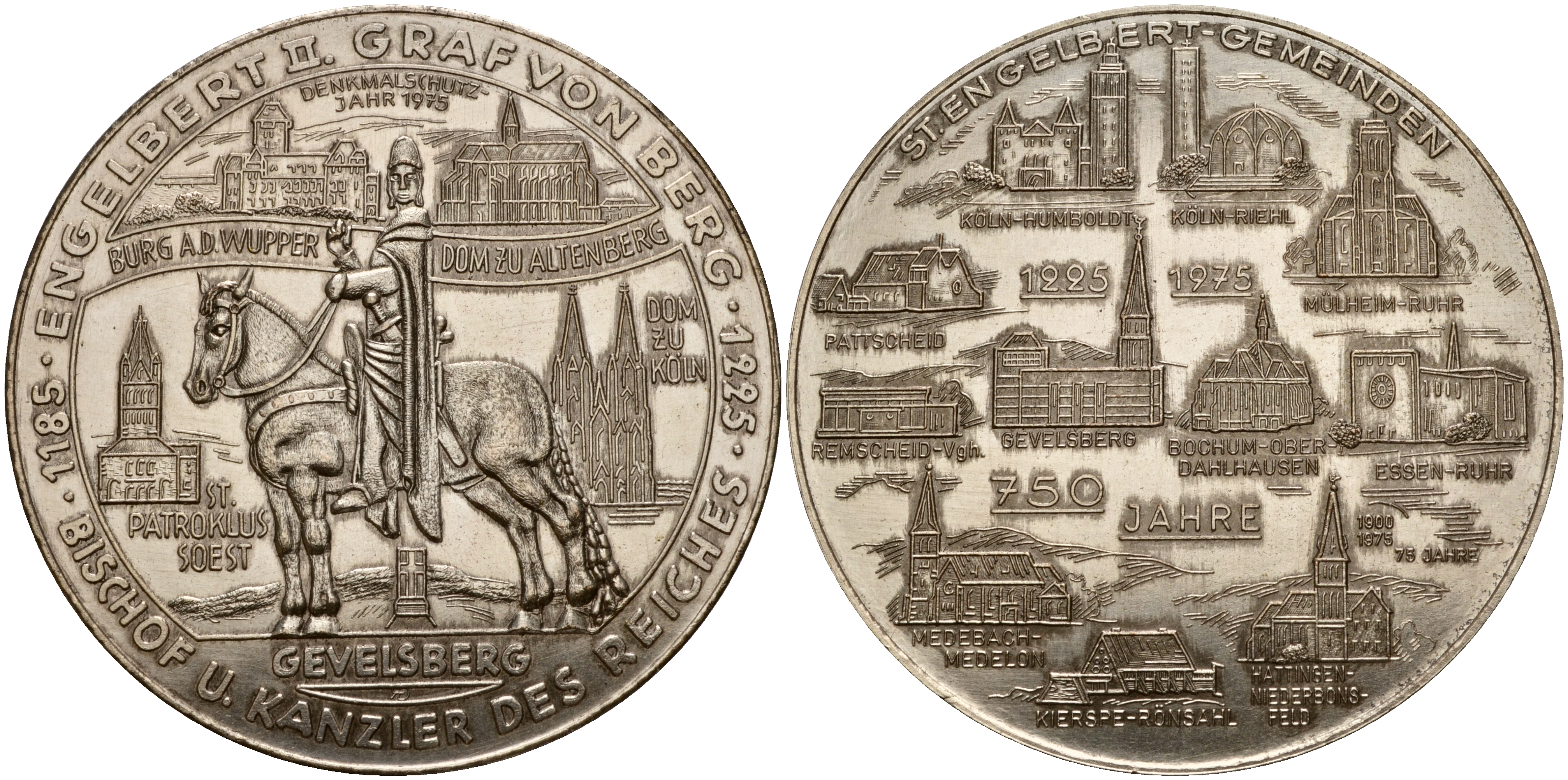 Германия медаль 1975 750 лет общине Св. Энгельберта, 164 гр. 70 мм, серебрение медно-никель UNC 5-4-5-23