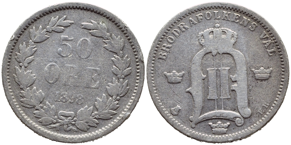 Швеция 50 эре 1898 EB, Оскар II (1872-1907) король Швеции и Норвегии KM 740 серебро 1523-344