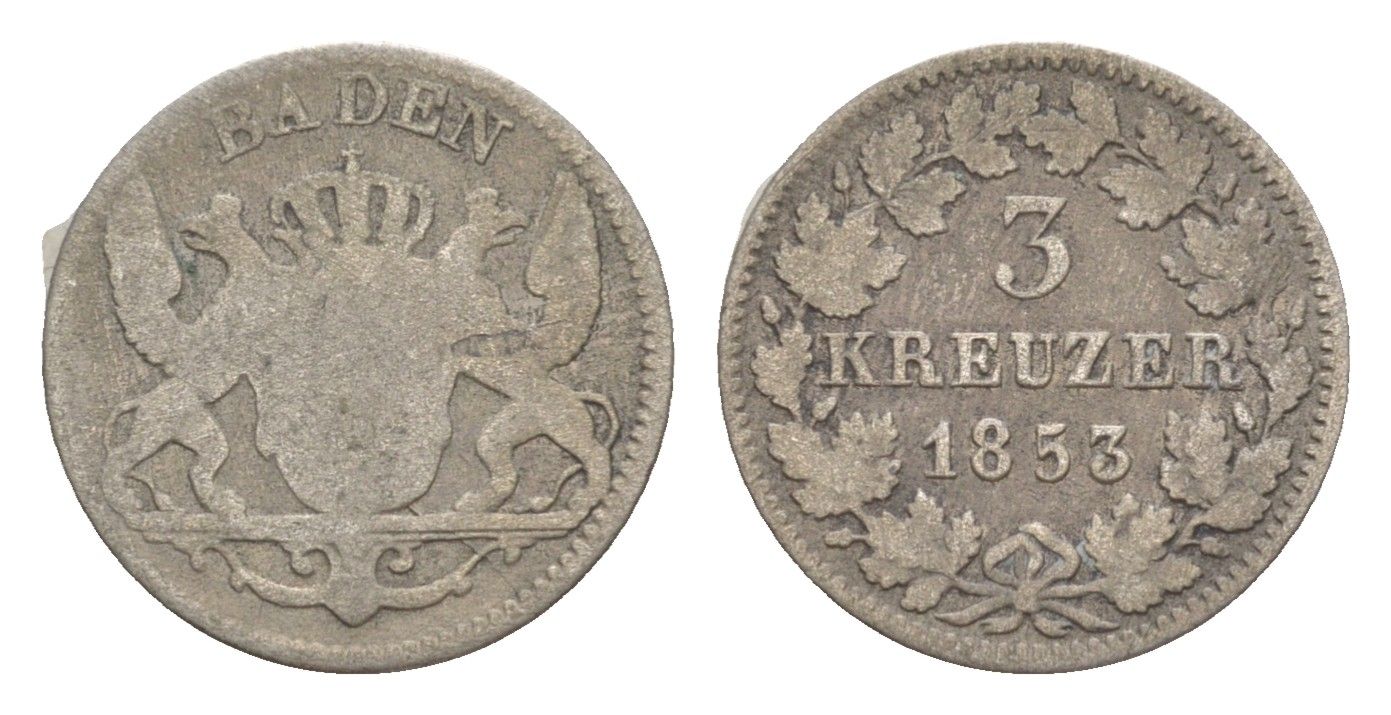 Баден 3 крейцера 1853 Леопольд (1830-1852) KM 211 серебро 4604-954