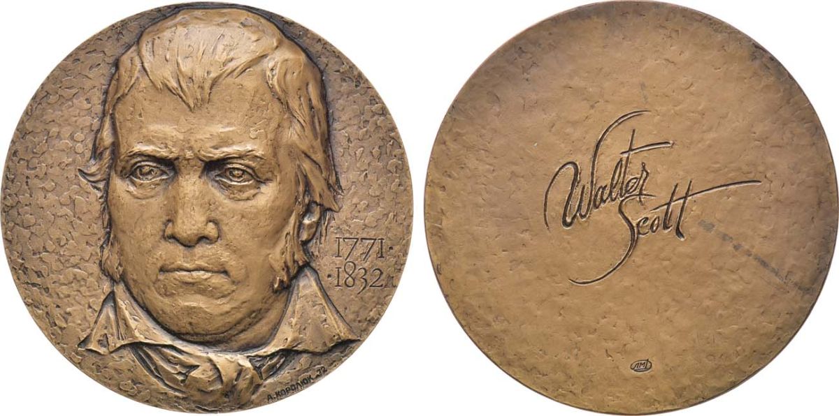 СССР медаль 1972 ЛМД, 200 лет со дня рождения Вальтера Скотта, медальер А.А. Королюк, диаметр 60 мм., тираж 750 экз, Шкурко, Салыков 760 томпак    1097-5-42