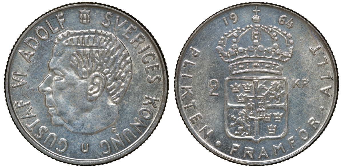 Швеция 2 кроны 1964 U, Густав VI Адольф (1950-1973) KM 827 серебро 4179-1341
