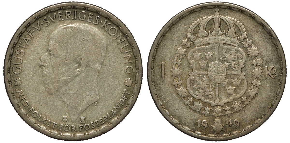 Швеция 1 крона 1949 TS, Густав VI Адольф (1950-1973) KM 814 серебро 4178-545