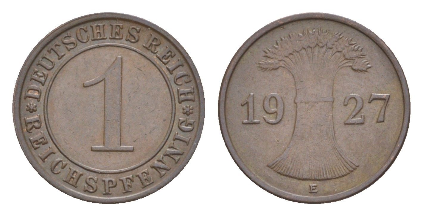 Германия 1 рейхспфенниг 1927 E KM 37, J. 313 бронза 4644-1037