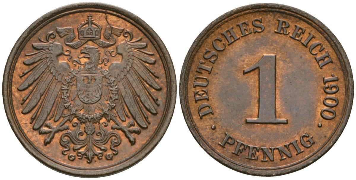 Германия 1 пфенниг 1900 G, Вильгельм II (1888-1918) KM 10, J. 10 медь 4608-619