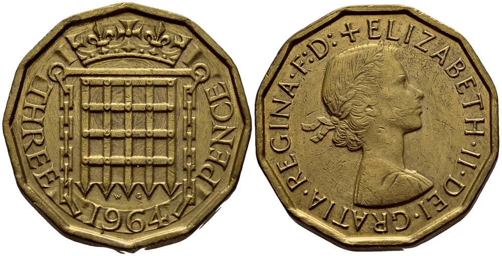 Великобритания 3 пенса 1964 Елизавета II (1952-2022) KM 900, Spink 4153 никель латунь 4393-1246