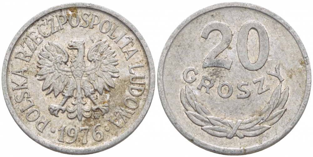 ПОЛЬША 20 ГРОШЕЙ 1976 MW, LARGE DATE KM А47 алюминий 4448-813