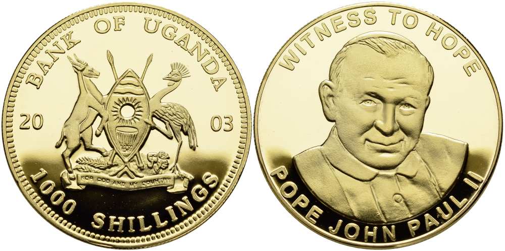 Уганда 1000 шиллингов 2003 папа Иоанн Павел II, "witness to hope", свидетель надежды, серебрение KM 240 латунь  PROOF  01-165-34