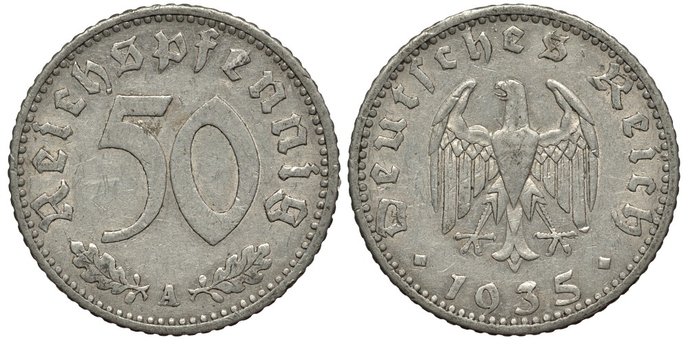 Германия 50 рейхспфеннигов 1935 А KM 87, J.368 алюминий 413-5013