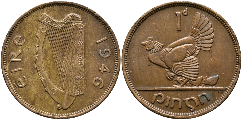 ИРЛАНДИЯ 1 ПЕННИ 1946 КУРИЦА С ЦЫПЛЯТАМИ KM 11 бронза 4394-1124