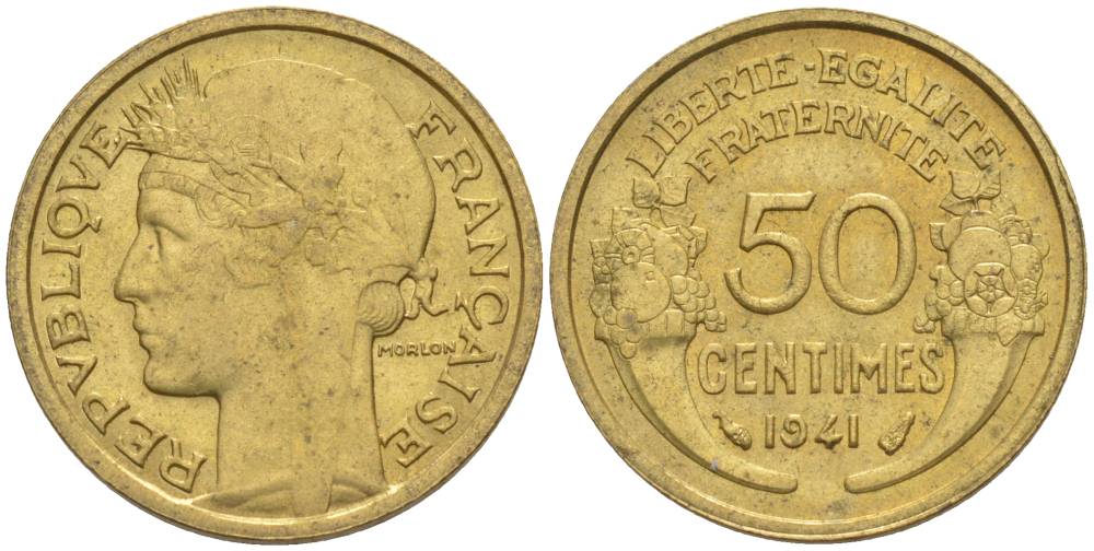 Франция 50 сантимов 1941 тип Морлон KM 894.1, Le Franc 192.18 алюминиевая бронза44-357