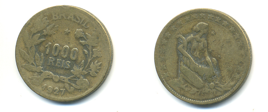 БРАЗИЛИЯ 1000 РЕЙС 1927 ФИГУРА ВПРАВО С РОГОМ ИЗОБИЛИЯ KM 525 алюминиевая бронза 89-1334