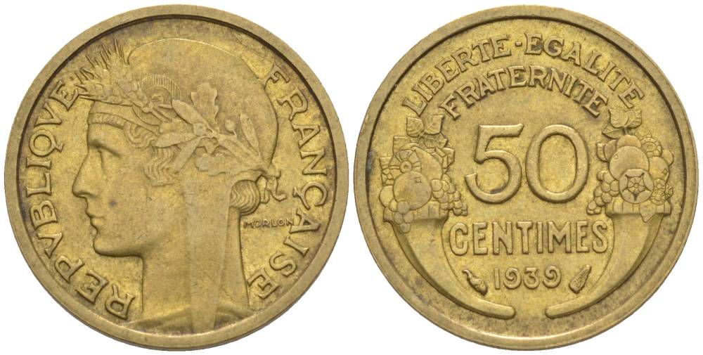 ФРАНЦИЯ 50 САНТИМОВ 1939 ТИП MORLON KM 894.1, LE FRANC 192.15 алюминиевая бронза 44-831