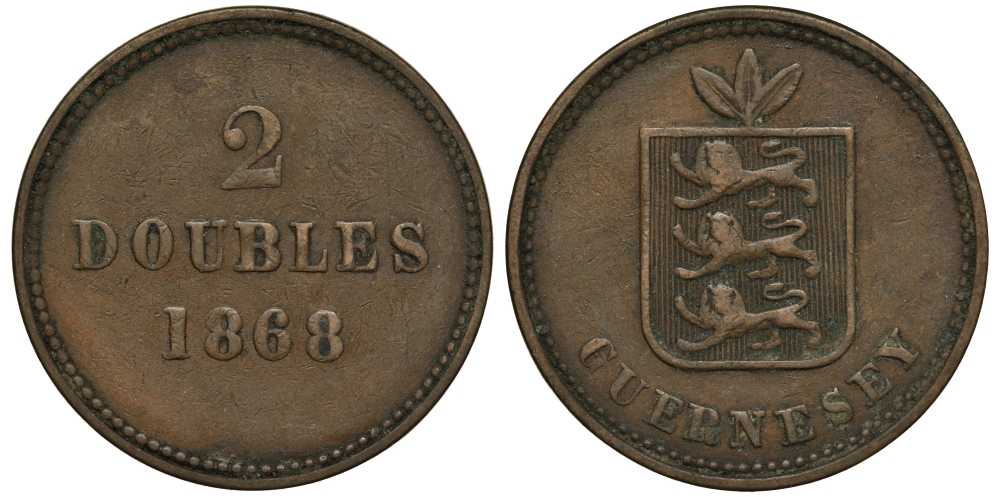 Гернси 2 дабла (дубля) 1868 KM 9 бронза 650-545