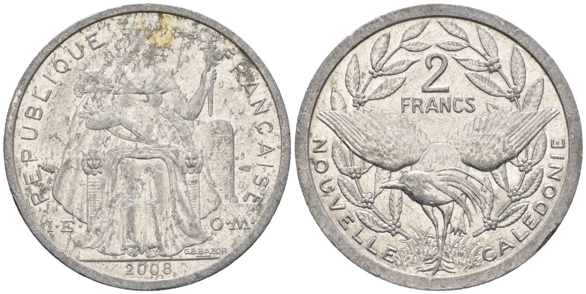 Французская Новая Каледония 2 франка 2008 птица кагу, (IEOM) KM 14, Schoen 11 алюминий    27-115