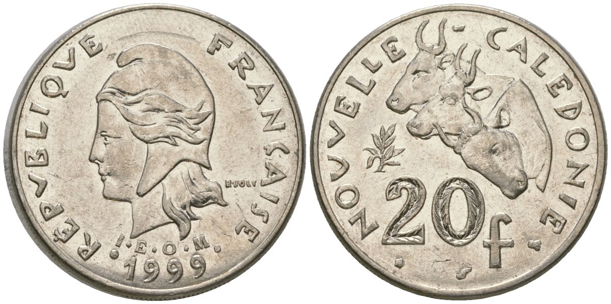 Французская Новая Каледония 20 франков 1999 три быка, (IEOM) KM 12, Schoen 14, Lec 115c никель 4131-436