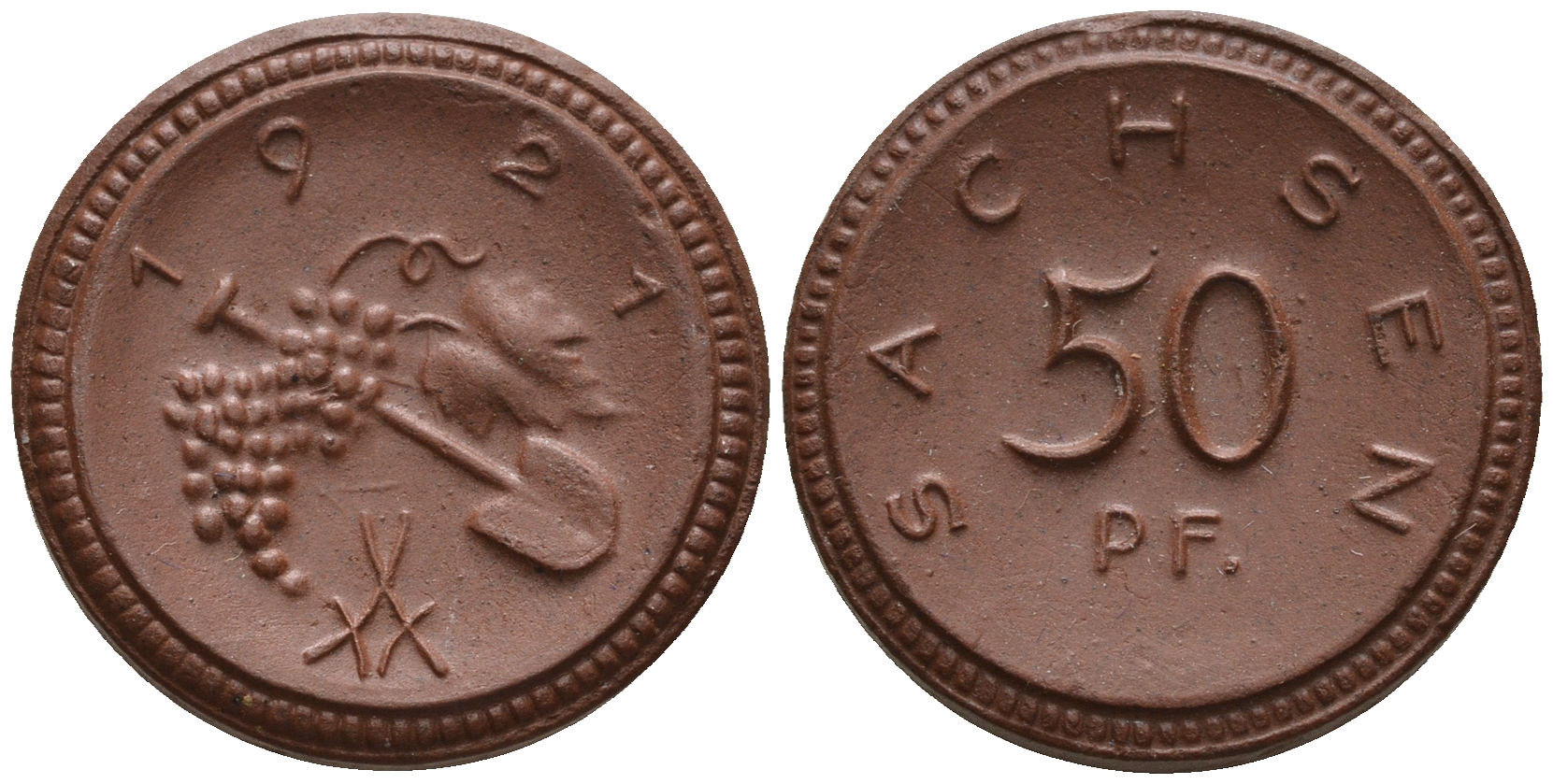 Саксония 50 пфеннигов 1921 виноград и лопата J. N 54 фарфор UNC 1094-8-54