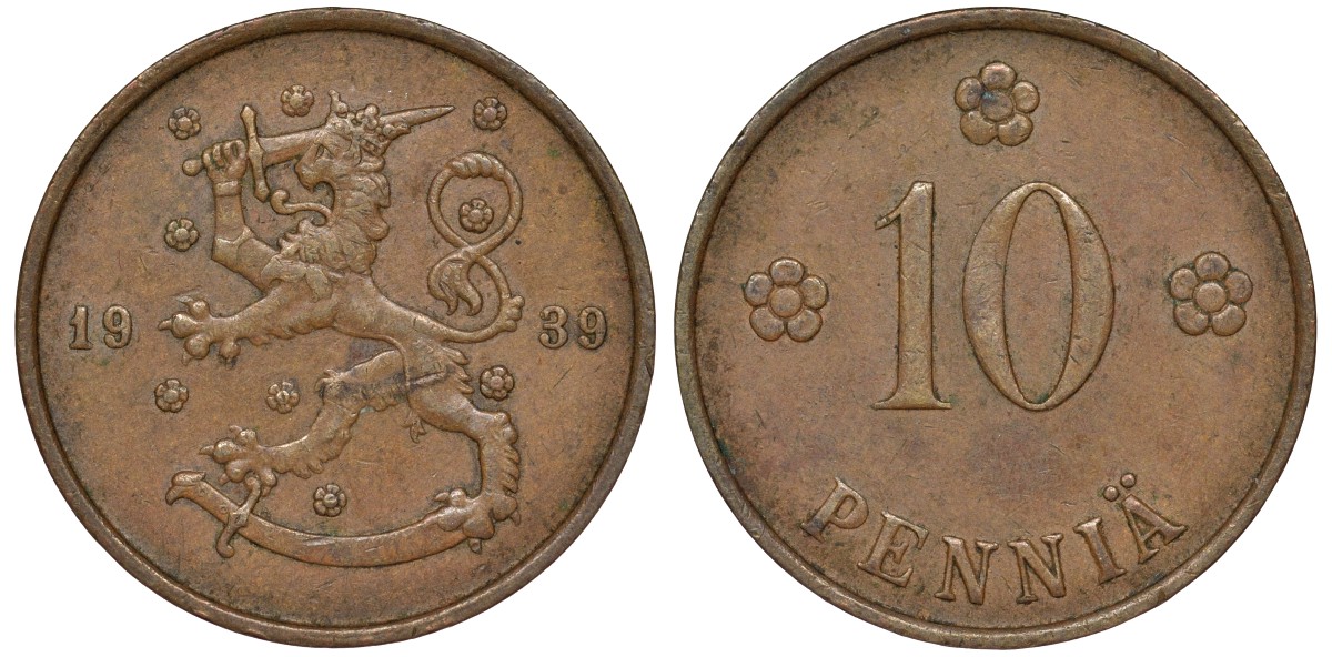 Финляндия 10 пенни 1939 KM 24 медь 51-3144