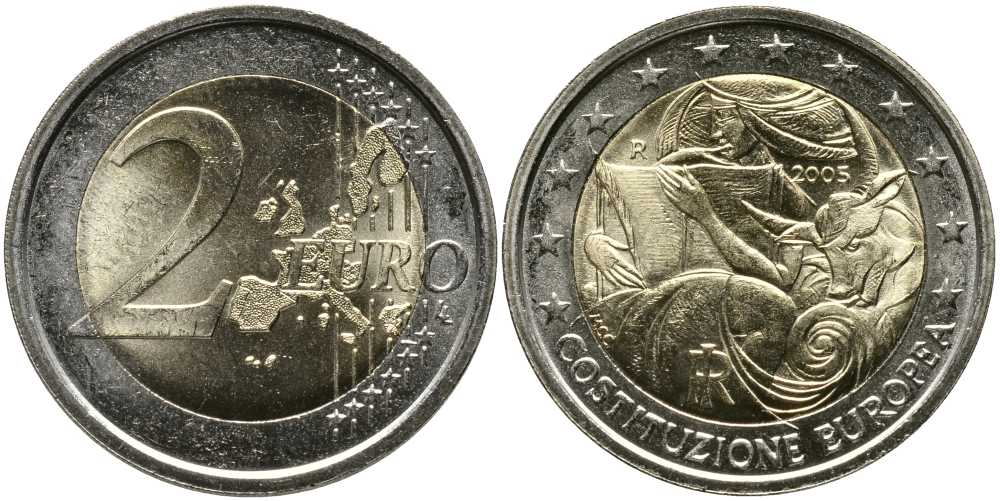 Италия 2 евро 2005 1-я годовщина подписания Европейской конституции KM 245 биметалл UNC 115-1116