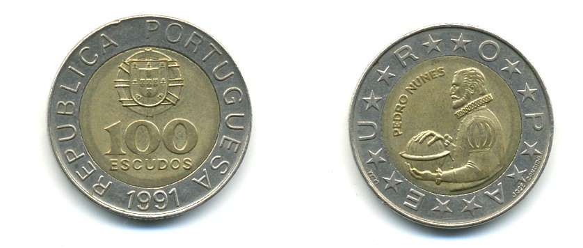 Португалия 100 эскудо 1991 Педру Нуниш (1502-1578), математик KM 645.1 биметалл 4379-1445