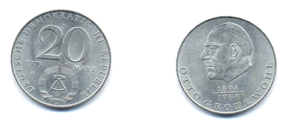 ГДР 20 марок 1973 А, Отто Гротеволь (1894-1964) KM 47 медно-никель 3333-432