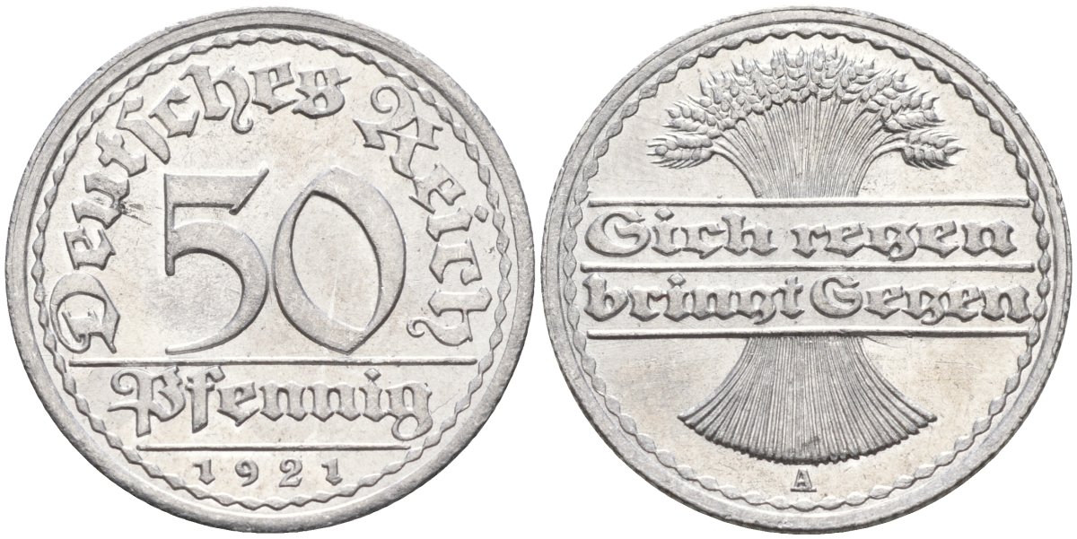 Германия 50 пфеннигов 1921 A KM 27, J.301, Weege 10 алюминий UNC 4584-816