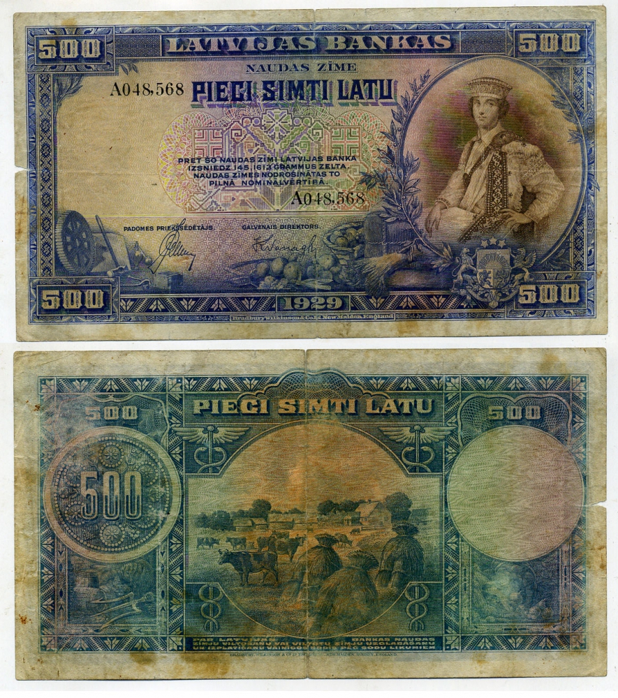 Латвия 500 латов 1929 девушка в национальном костюме, BWC Pick 19a  бумага   451-389-1
