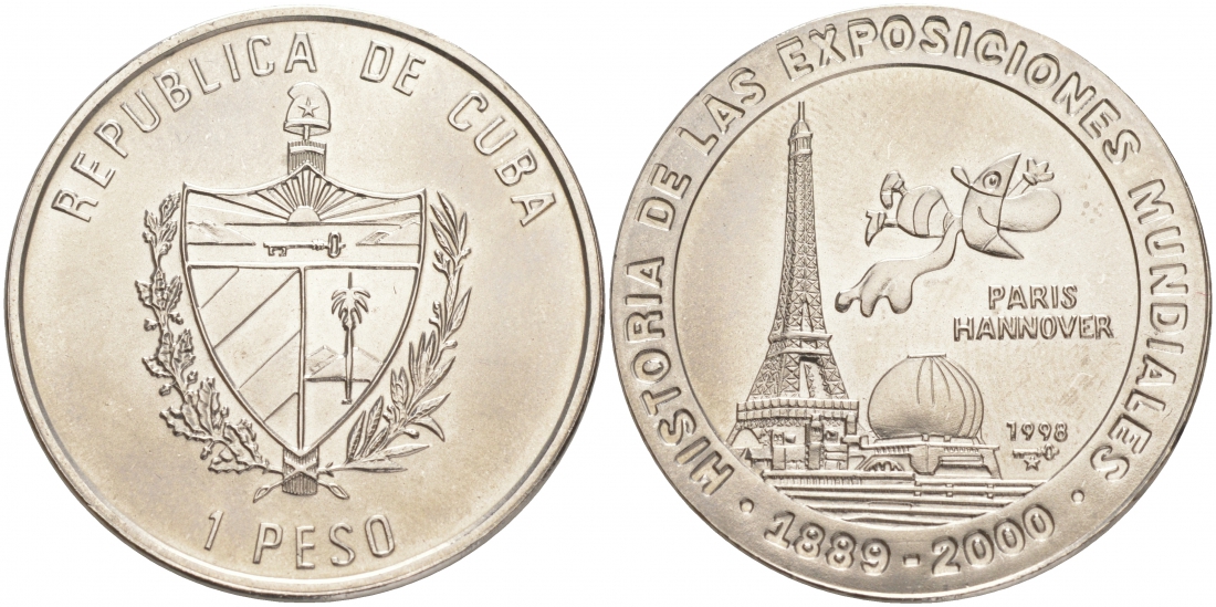 Куба 1 песо 1998 серия история мировых выставок, Париж 1889 KM 106 никелированная сталь UNC M28-13