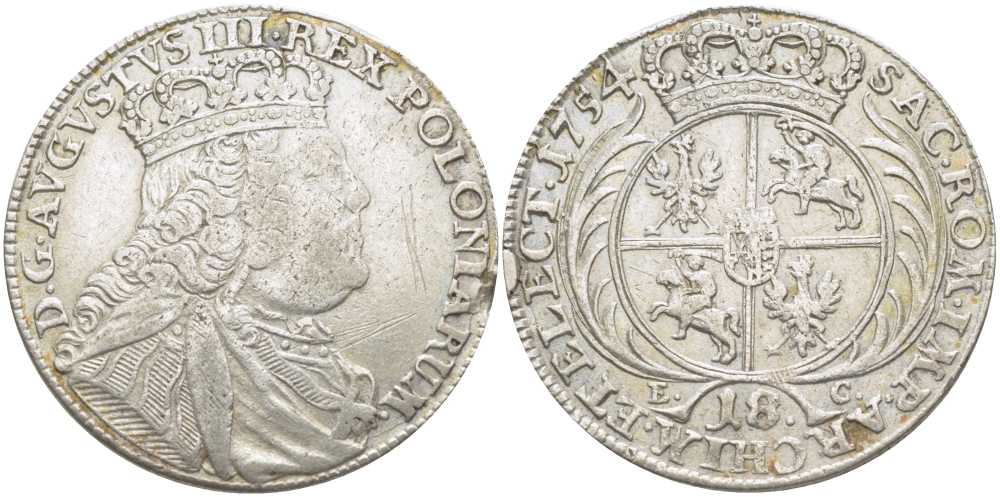 ПОЛЬША 18 ГРОШЕЙ = ТЫМФ 1754 ЕС, АВГУСТ III (1733-1763) KM 148.2 (С10.1) серебро 5010-1034
