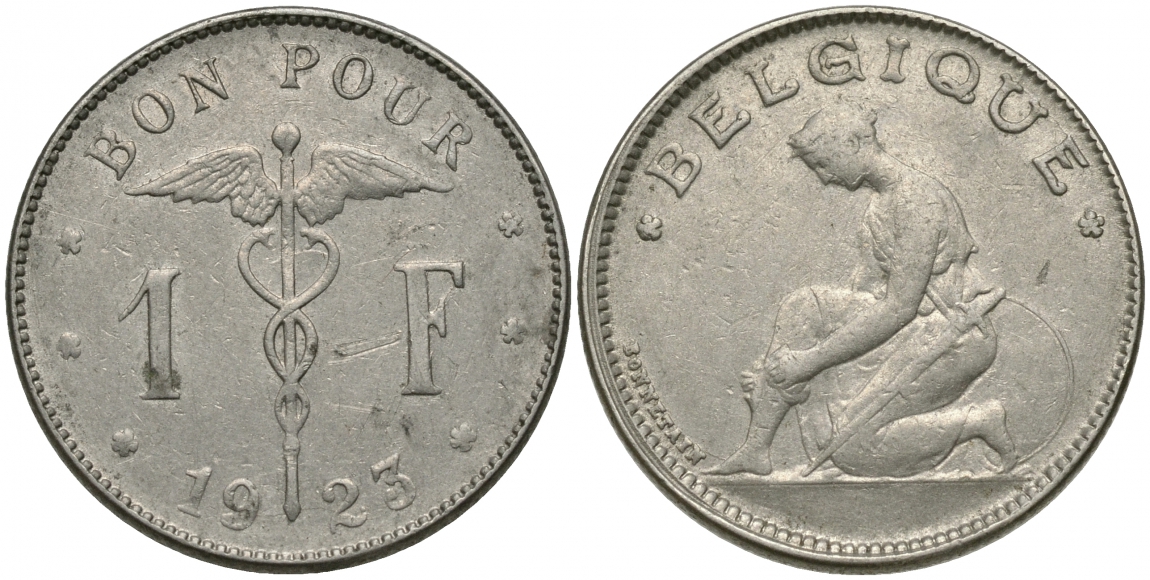 Бельгия 1 франк 1923 Belgique, Альберт I (1909-1934) KM 89 никель 51-1935