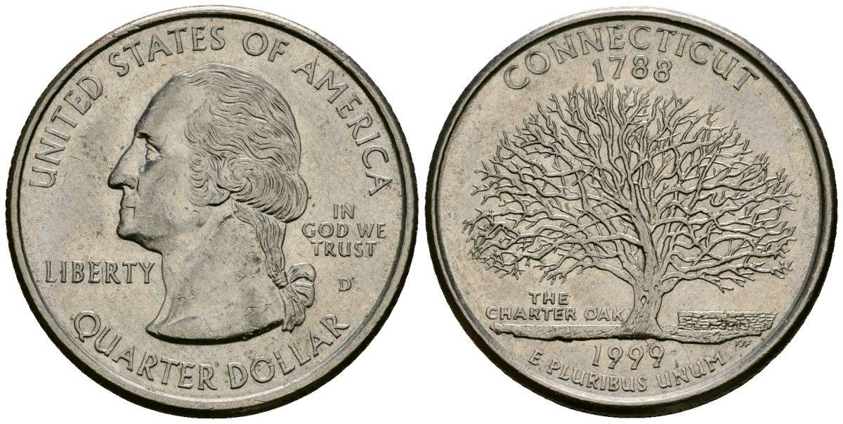 США 25 центов = квотер 1999 D, серия штаты США, Коннектикут KM 297 медь плакированная медно-никелем 4138-957