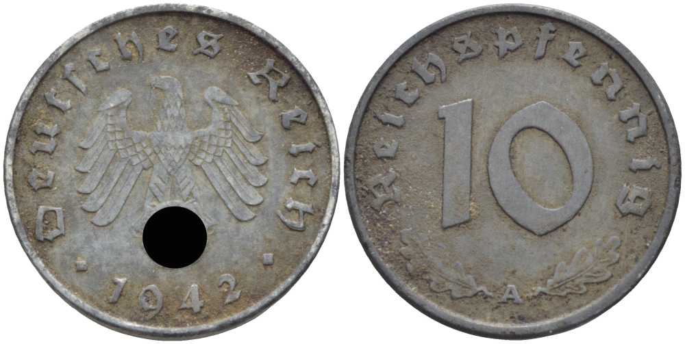 ГЕРМАНИЯ 10 РЕЙХСПФЕННИГОВ 1942 A KM 101, J. 371 цинк 4401-627