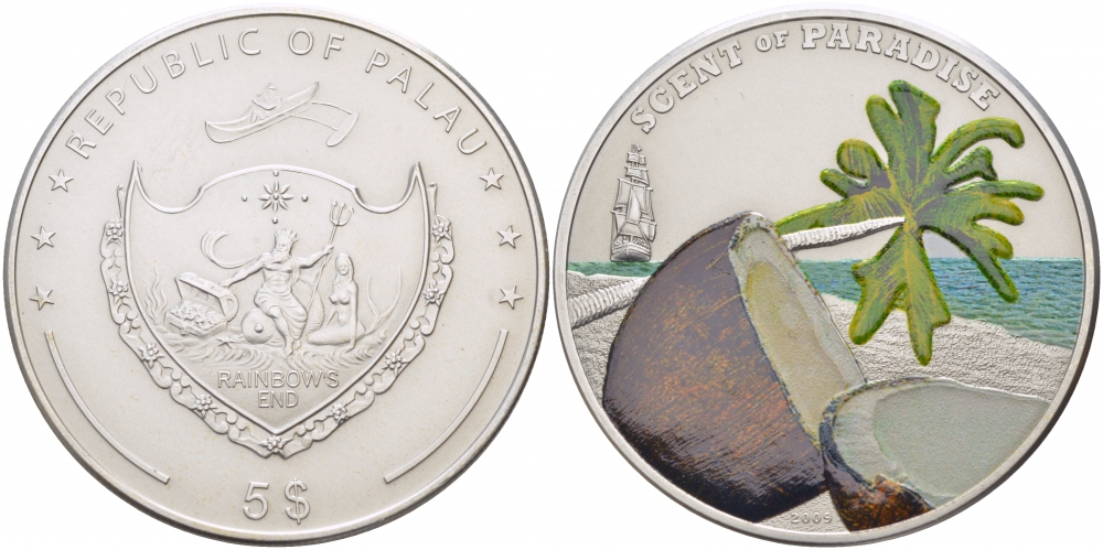 Палау 5 долларов 2009 кокосовый орех, монета с запахом, цветная эмаль, тираж 2500 экземпляров KM 179 серебро BUNC 01-168-32
