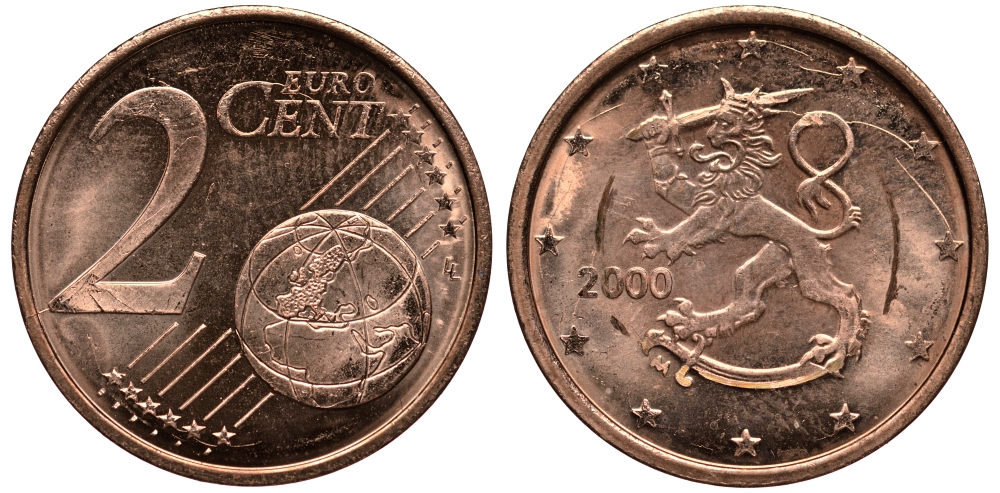 ФИНЛЯНДИЯ 2 ЕВРОЦЕНТА 2000 KM 99 сталь плакированная медью UNC 4181-462