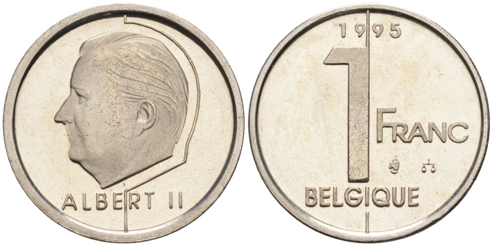 Бельгия 1 франк 1995 Belgique KM 187 железо плакированное никелем UNC 192-514