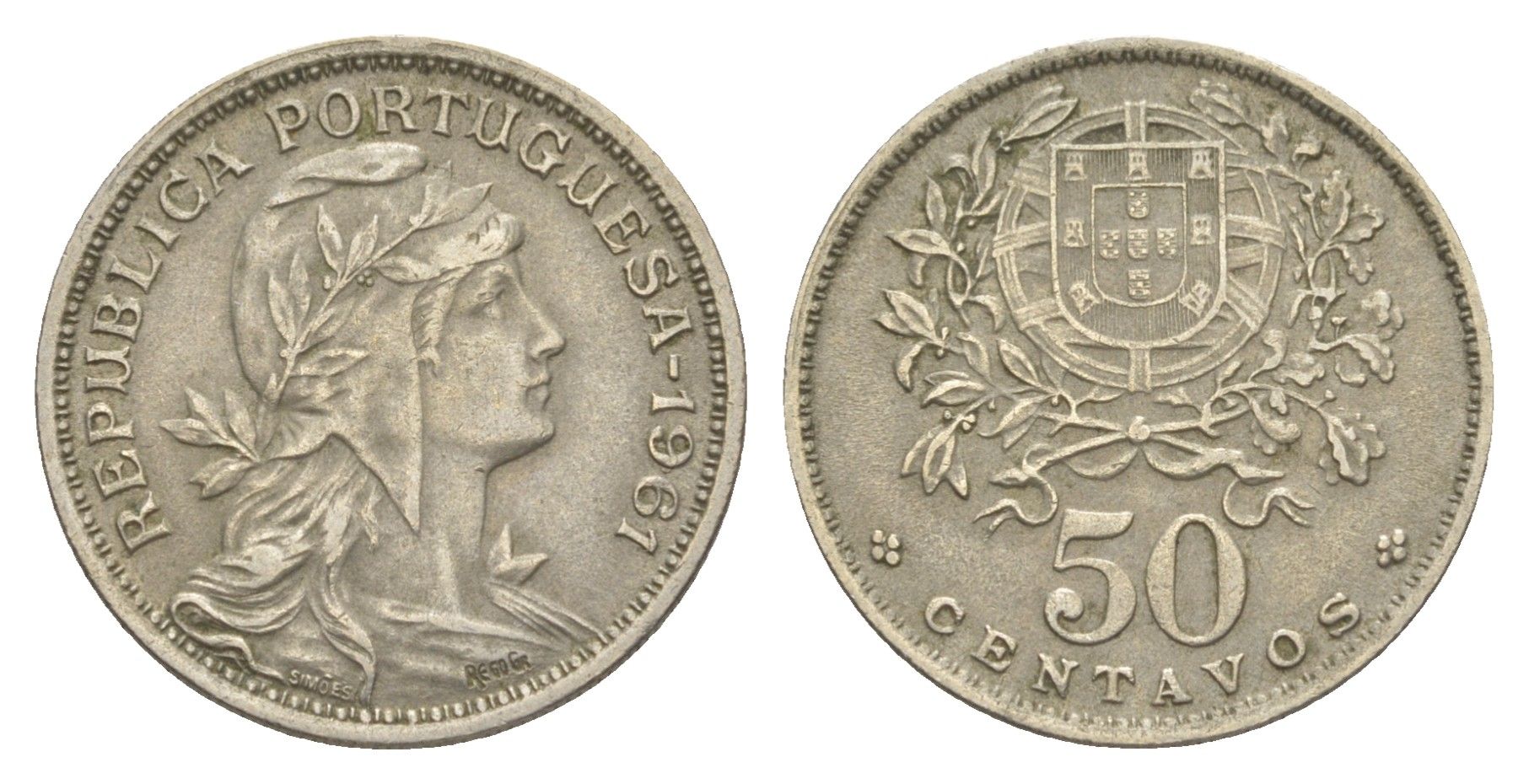 Португалия 50 сентаво 1961 голова Свободы вправо KM 577 никель латунь 4388-252