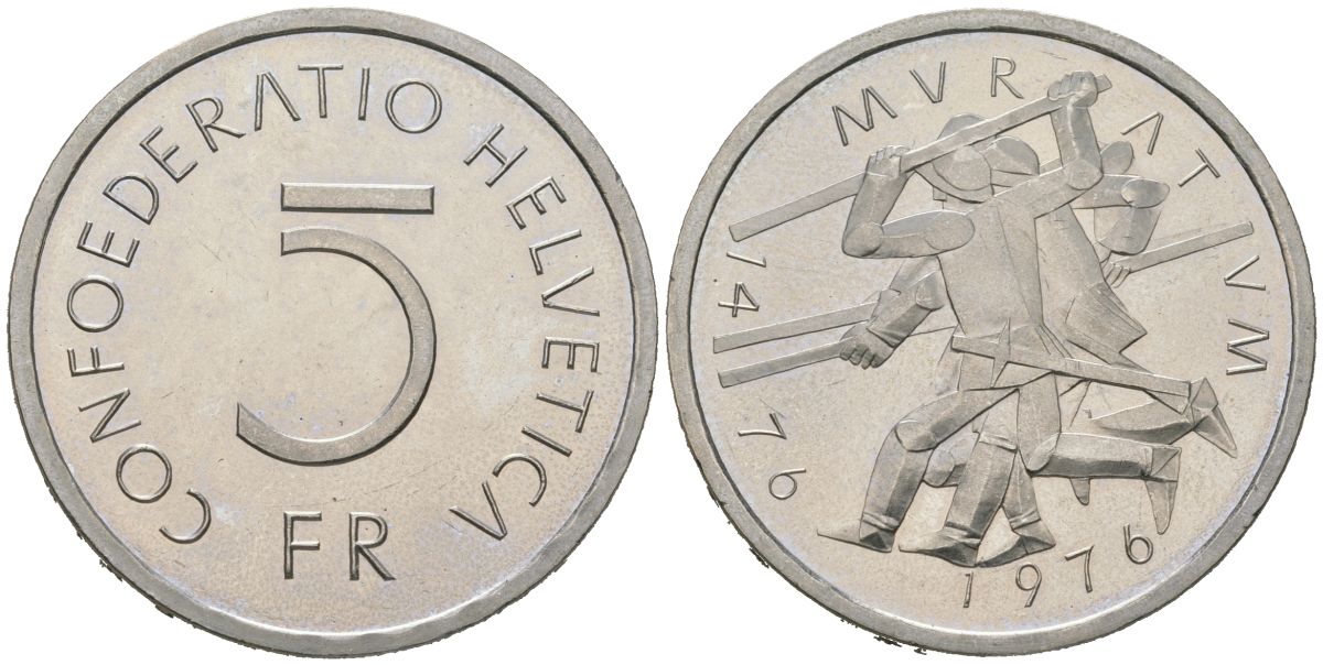 Швейцария 5 франков 1976 500 лет битве при Муртене KM 54 медно-никель UNC 11-082-25