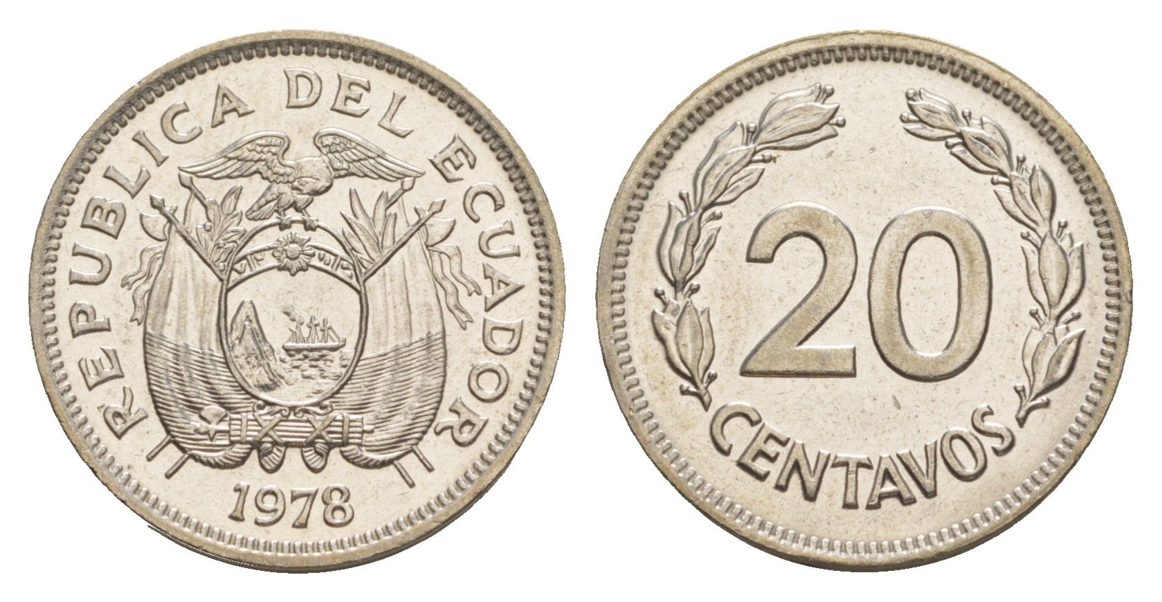 Эквадор 20 сентаво 1978 KM 77.2a сталь плакированная никелем UNC 4640-1238