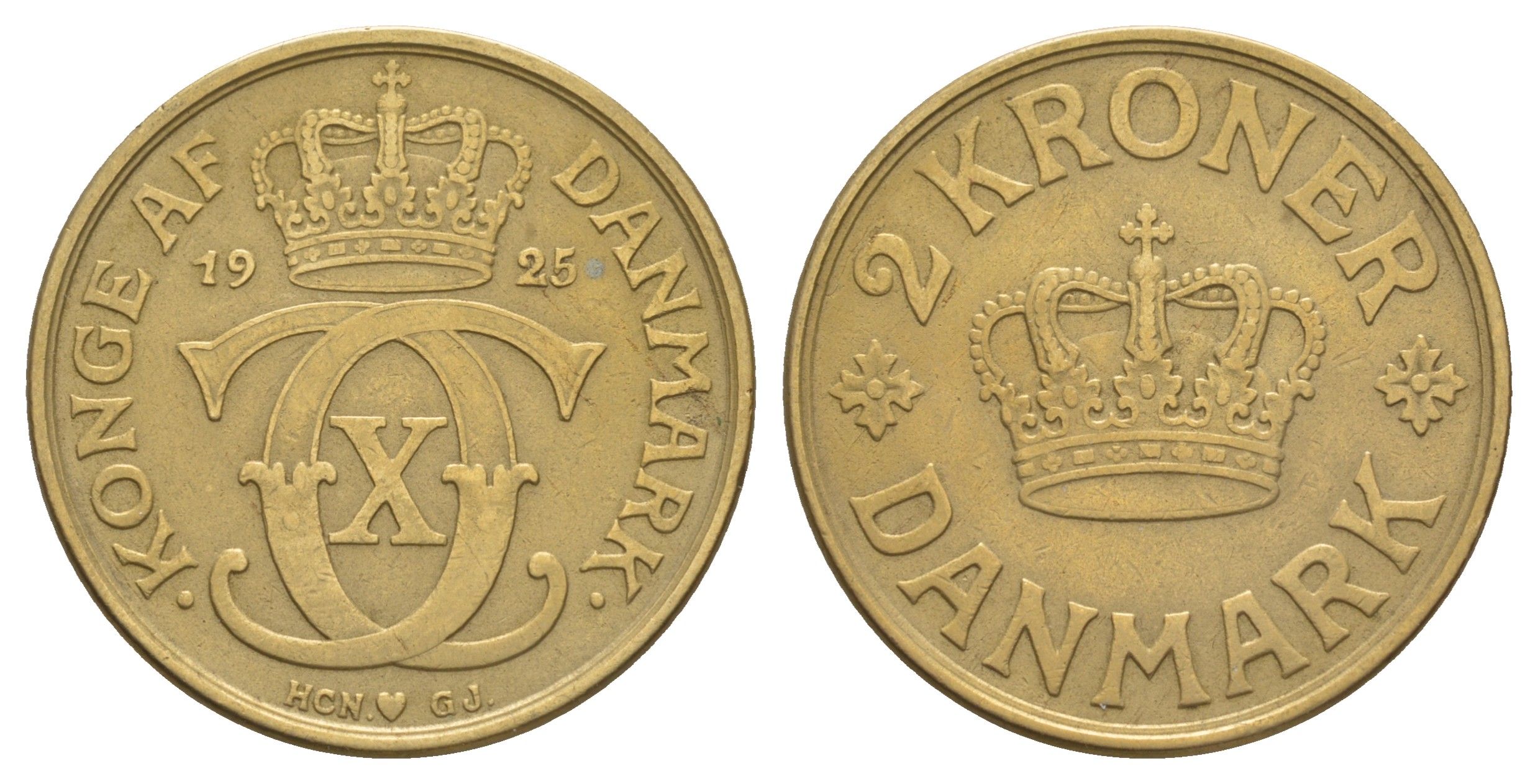 Дания 2 кроны 1925 HCN; GJ, Кристиан X (1912-1947) KM 825 алюминиевая бронза 114-736