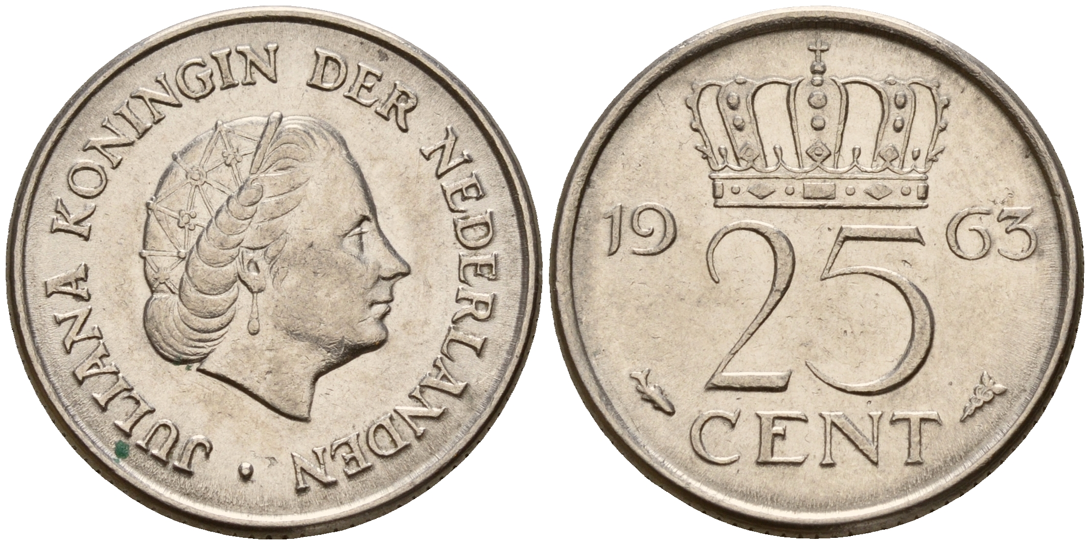 Нидерланды 25 центов 1963 Юлиана (1949-1980) KM 183 никель    4598-421