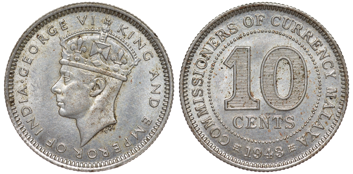 Британская Малайя 10 центов 1943 Георг VI (1937-1952) KM 4a серебро 53-253