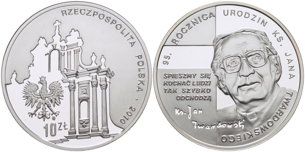 Польша 10 злотых 2010 MW, 95 лет со дня рождения Яна Якуба Твардовского, польского поэта и священника KM 731 серебро PROOF 1069-3-41