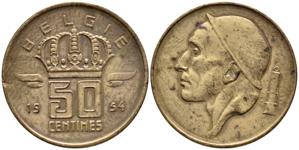 БЕЛЬГИЯ 50 САНТИМОВ 1954 BELGIE KM 145 бронза 4392-765