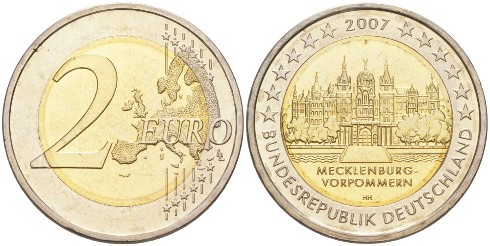 ФРГ 2 евро 2007 F, серия федеральные земли, Мекленбург-Передняя Померания, Шверинский замок KM 260 биметалл UNC 4111-742
