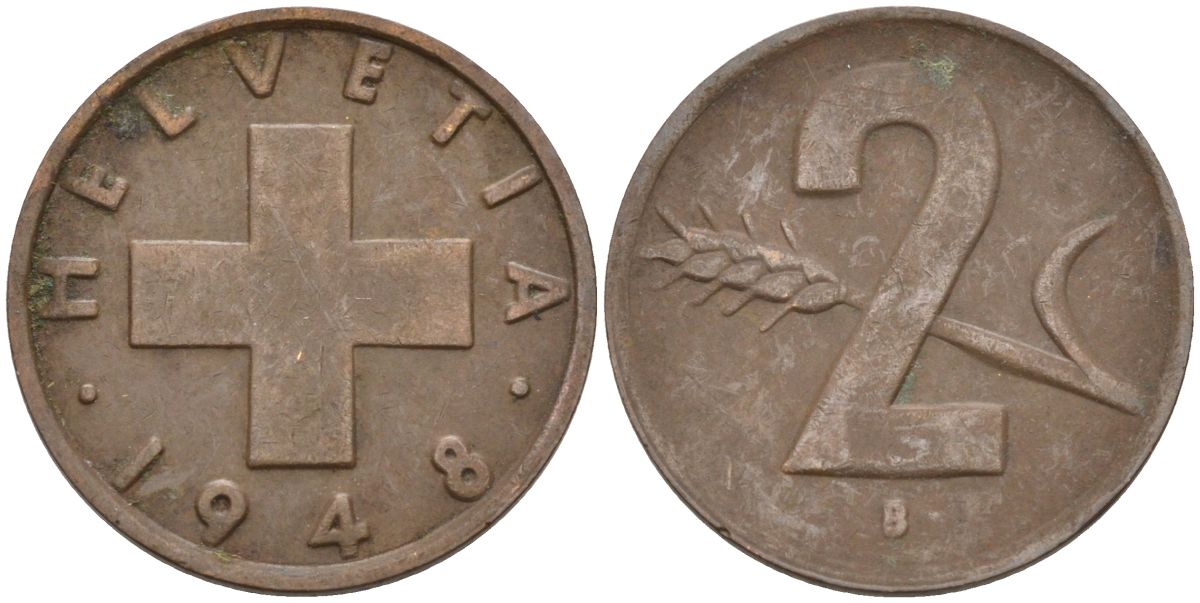 Швейцария 2 раппена 1948 В KM 47 бронза 4591-553
