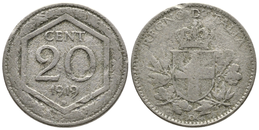 ИТАЛИЯ 20 ЧЕНТЕЗИМО 1919 R, ВИКТОР ИММАНУИЛ KM 58 медно-никель 177-1055