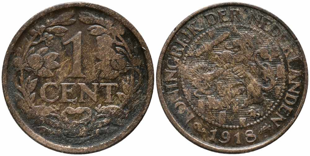 НИДЕРЛАНДЫ 1 ЦЕНТ 1918 ВИЛЬГЕЛЬМИНА (1890-1948) KM 152 бронза 112-168