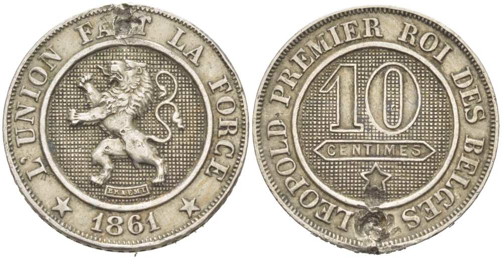 БЕЛЬГИЯ 10 САНТИМОВ 1861 НАПАЙКА, BELGES KM 22 медно-никель 217-447